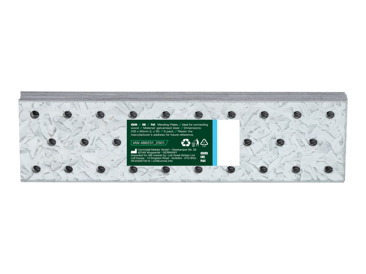 A stack of galvanized steel mending plates with holes, ideal for connecting wood.