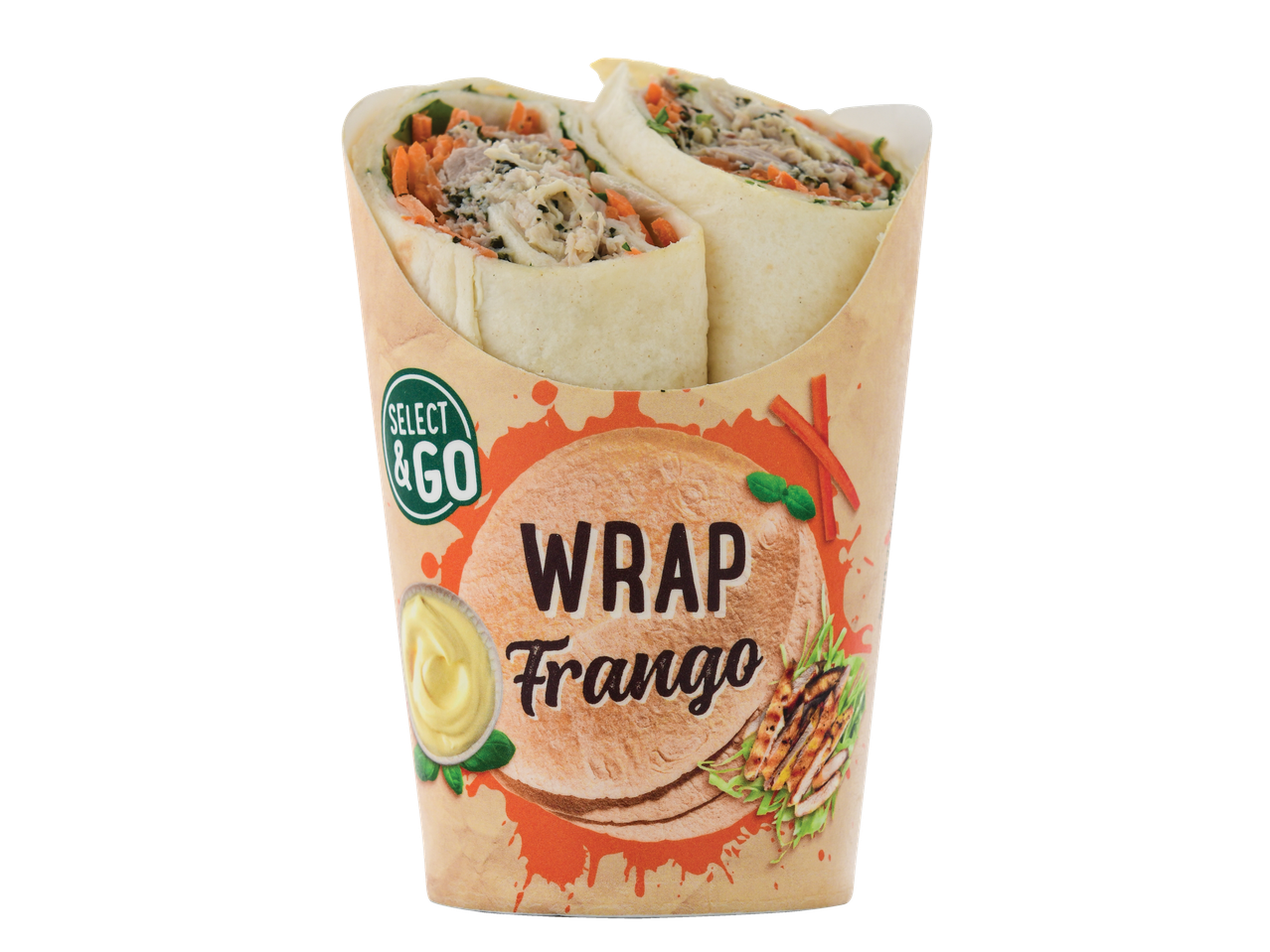 Wrap Frango Select & Go: dois wraps de frango com legumes em embalagem.