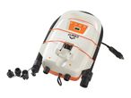 Portable electric air pump with hose, various nozzles, and car power adapter.