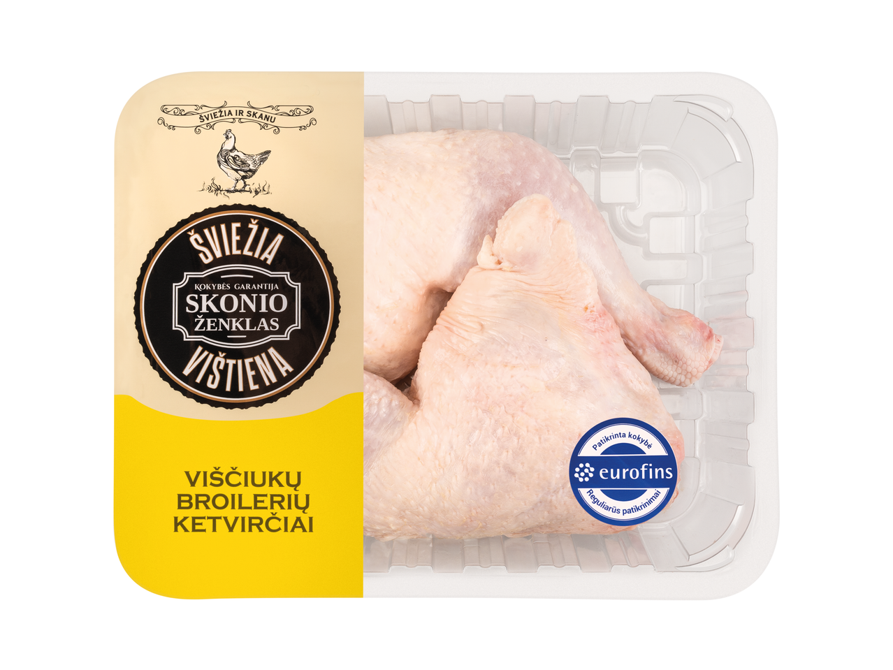 Švieži viščiukų broilerių ketvirčiai pakuotėje su „Šviežia skonio ženklas“ ir „Eurofins“ logotipais.