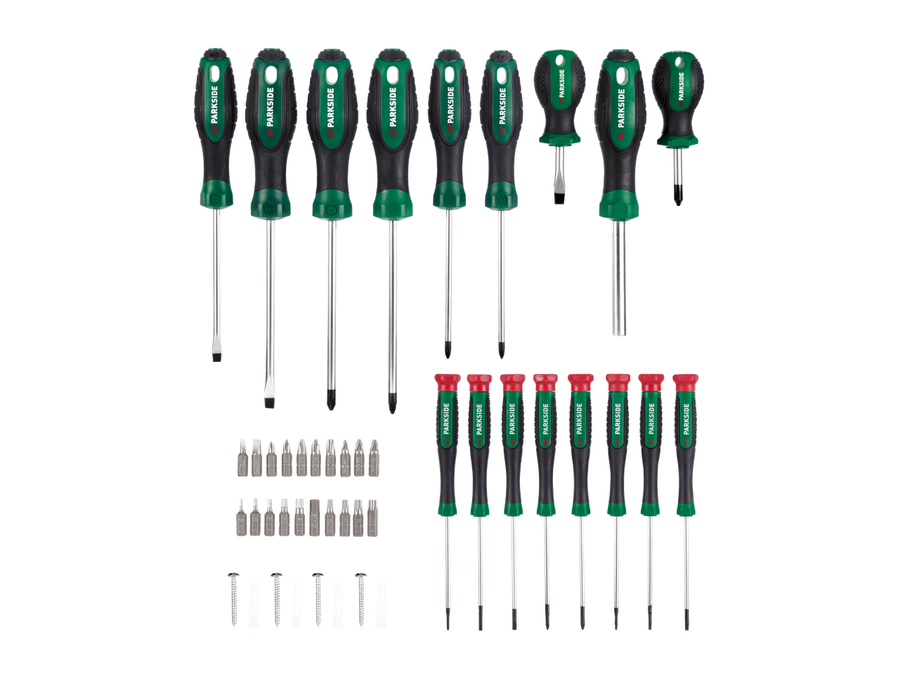 Σετ κατσαβιδιών και μυτών Parkside, με κατσαβίδια διαφόρων μεγεθών και ούπα.