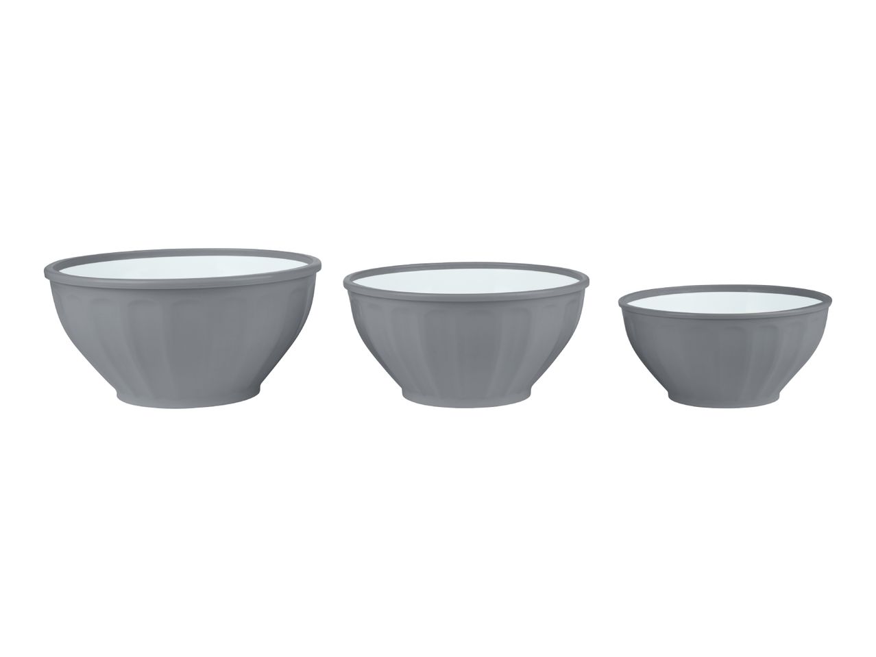 Three grey mixing bowls of varying sizes, with white interiors.