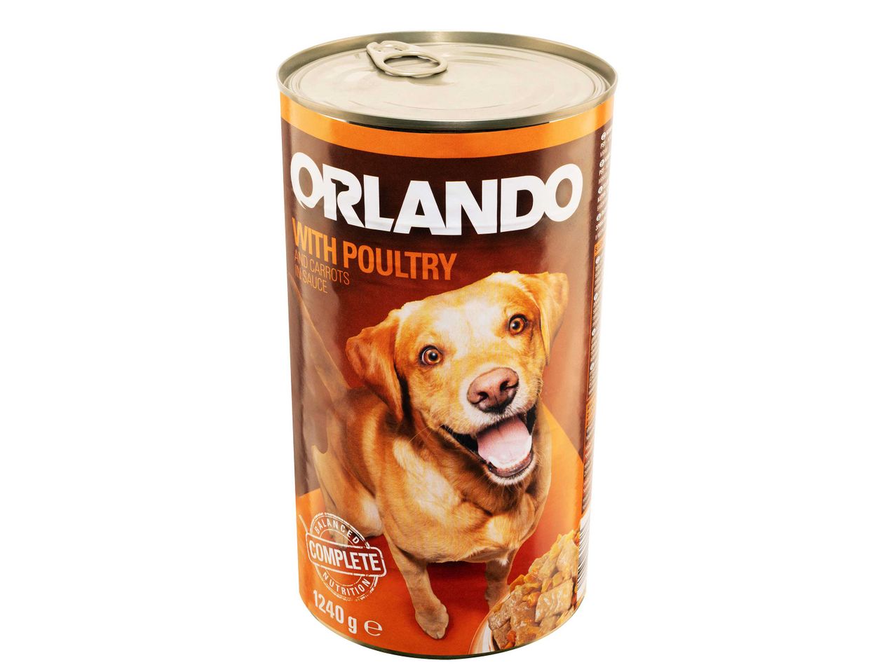 Orlando kutyatáp konzerv baromfival és sárgarépával szószban, 1240g.
