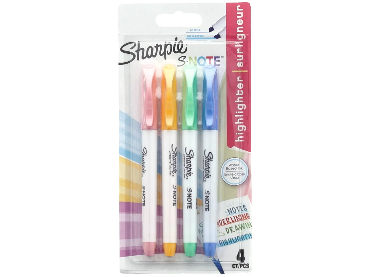 Četiri pastelno obojena Sharpie S-Note markera za isticanje u pakovanju.