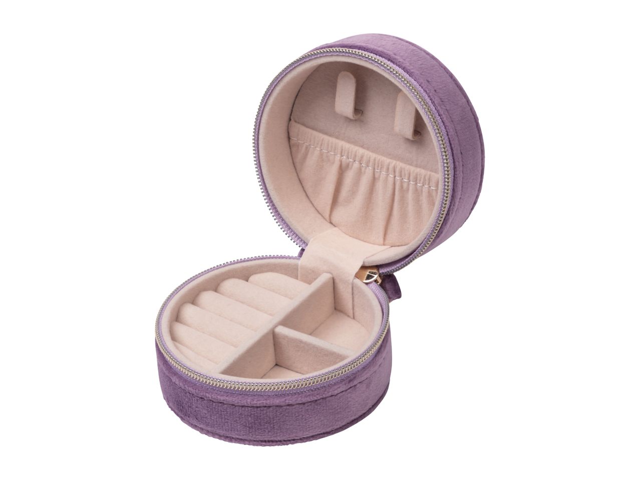 A purple velvet round jewelry box is open, revealing compartments for rings and earrings.