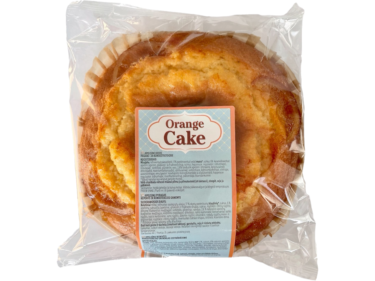 Apelsinų pyragas „La Cestera“ permatomoje pakuotėje su etikete.