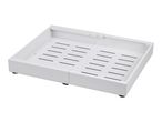 White metal under-desk cable management tray with ventilation slots