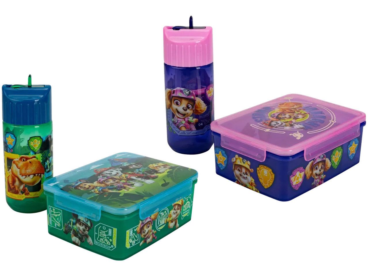 Lancheira e garrafas de água PAW PATROL com tema de dinossauros e cachorros.