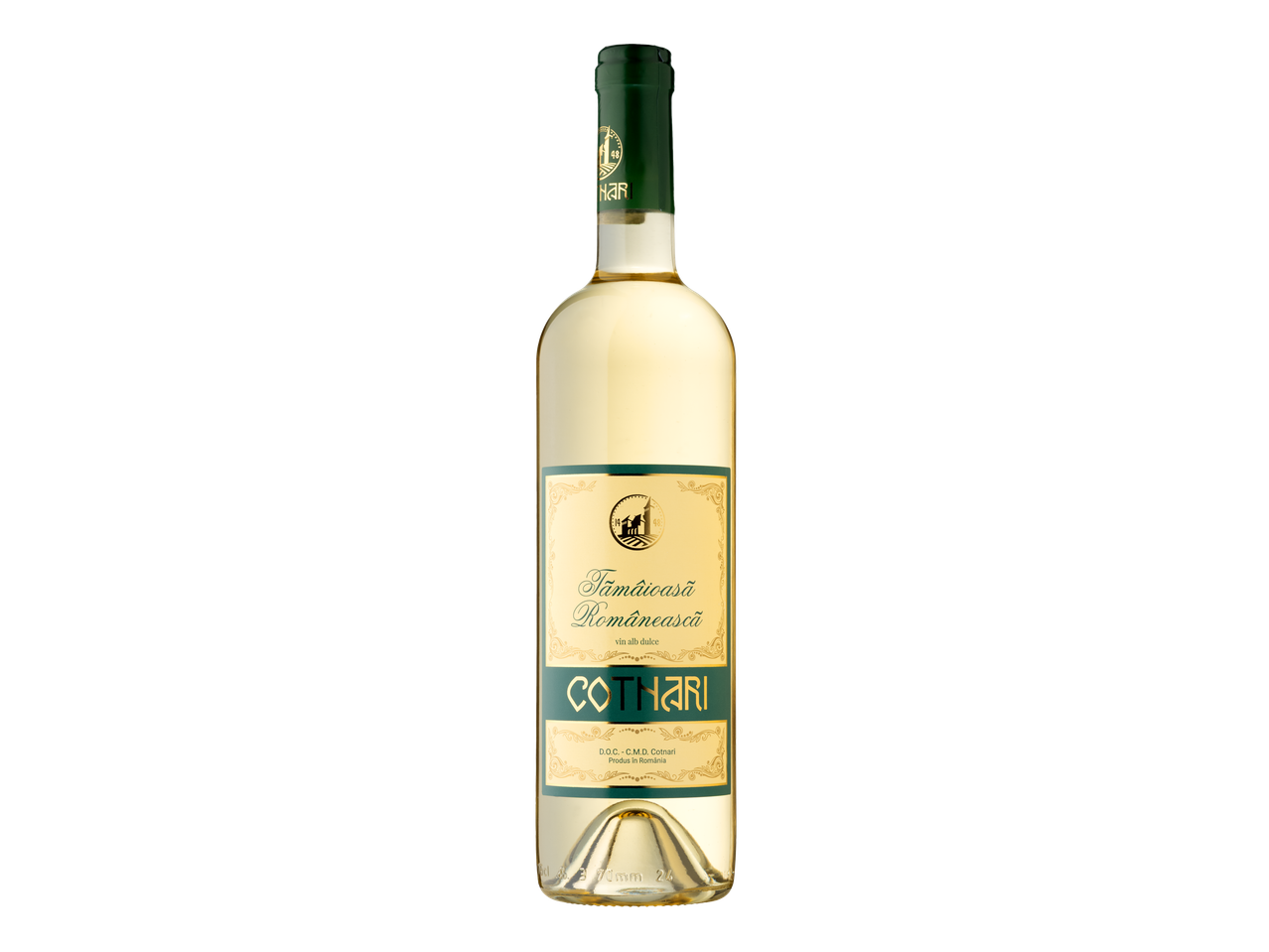 O sticlă de vin alb Cotnari Tămâioasă Românească.