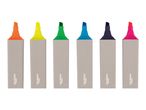 Six colorful highlighters in orange, yellow, green, blue, dark blue, and pink, with light gray bodies.