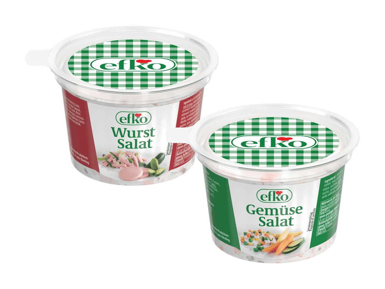 Zwei efko Salate: Wurst Salat und Gemüse Salat in transparenten Behältern mit grün-weiß karierten Deckeln.
