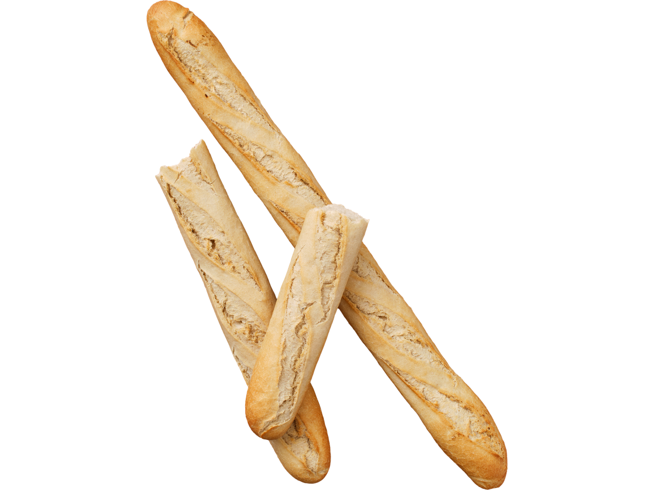 Kolm maitsvat baguette'i, kaks neist on veidi katki.