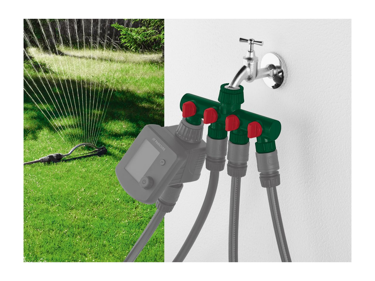 Garden hose splitter with timer connected to a tap, watering a lawn with a sprinkler.
