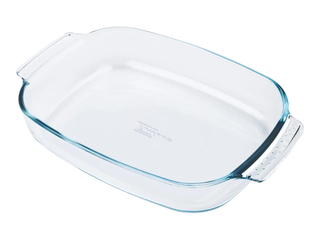 A clear glass baking dish with handles.