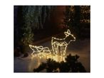 Illuminated reindeer and sleigh Christmas decoration with warm white lights in a festive setting.