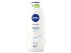Бял душ гел с надпис „Creme Soft“, „Almond oil & mild scent“ и „750 ml“.