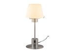 A modern nickel table lamp with a frosted glass shade and a built-in USB port.
