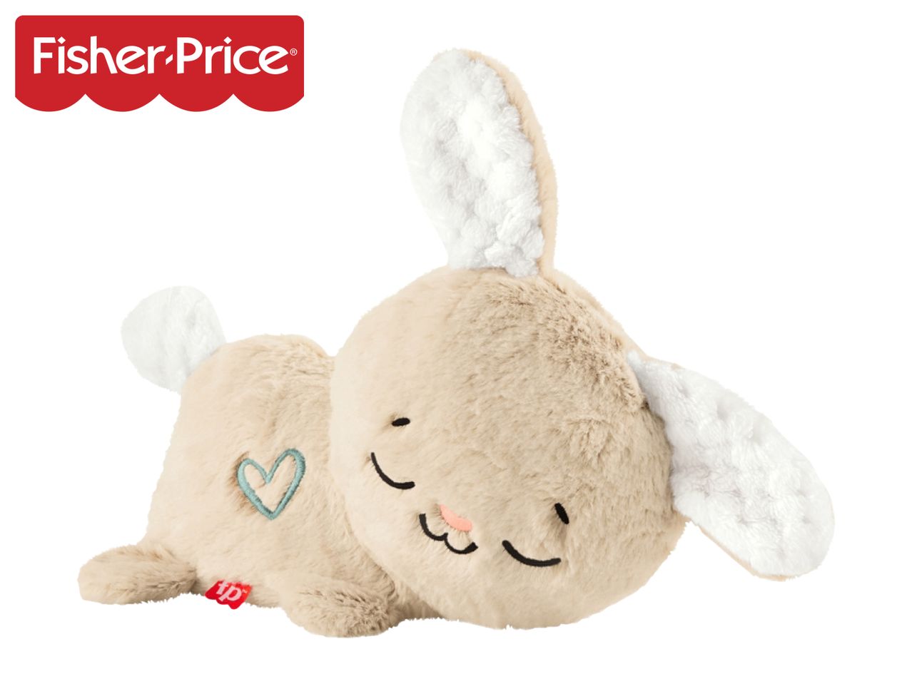 A soft, plush bunny toy with closed eyes and a small embroidered heart on its back.