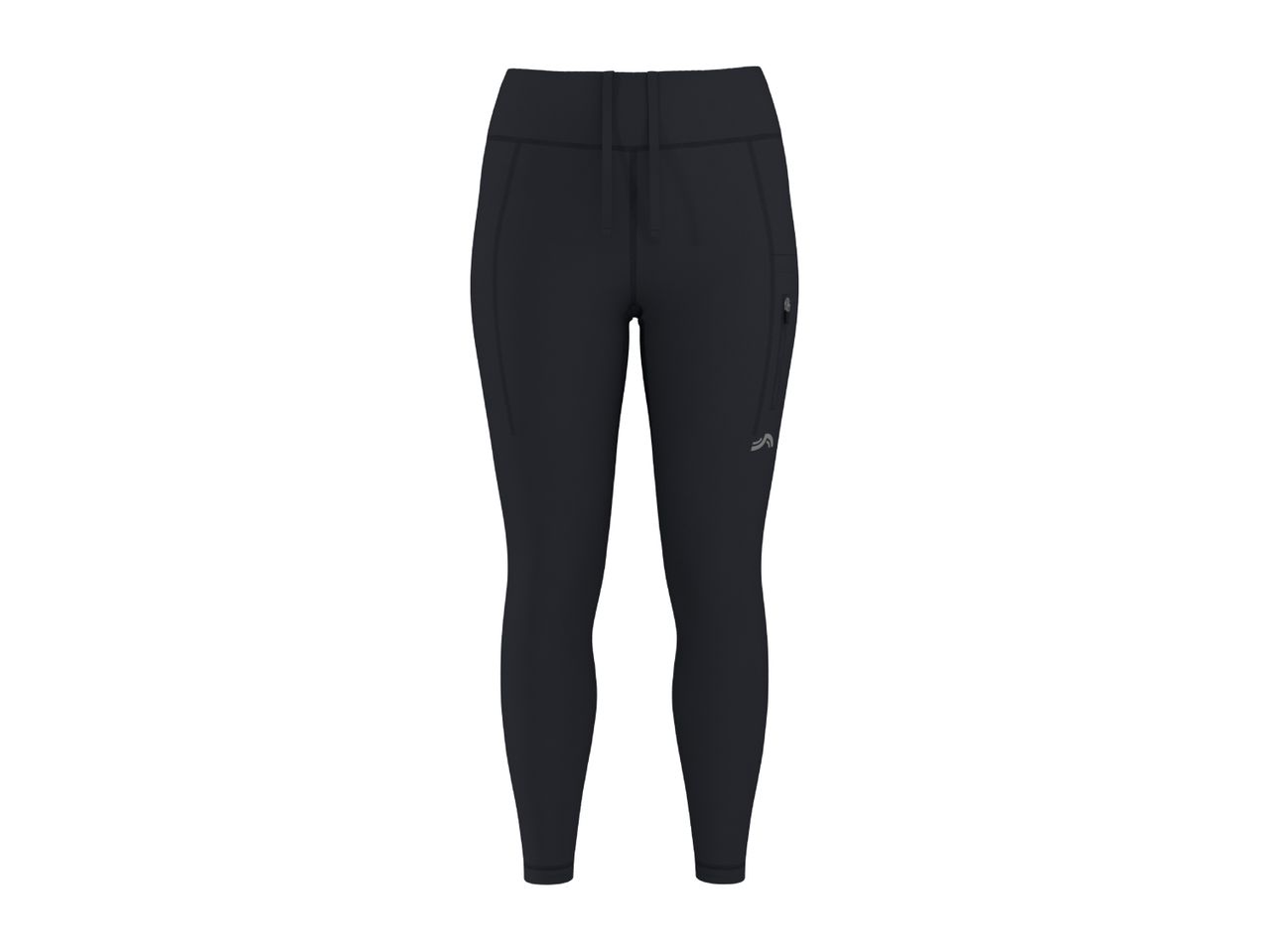 Dark blue women's sports leggings with a side pocket and drawstring waist.