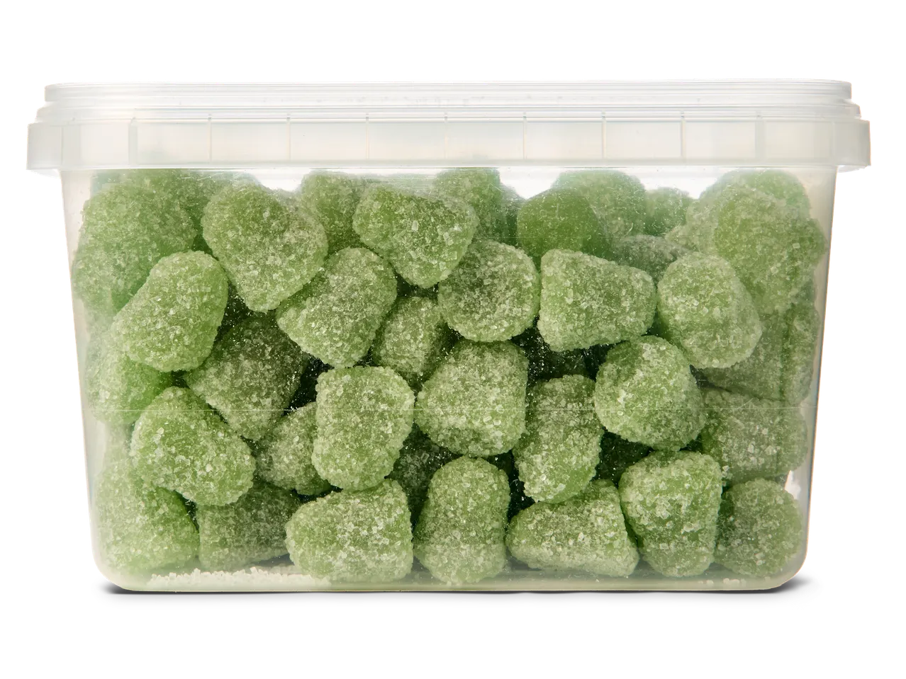 Transparante plastic bak gevuld met groene, suikergecoate snoepjes.