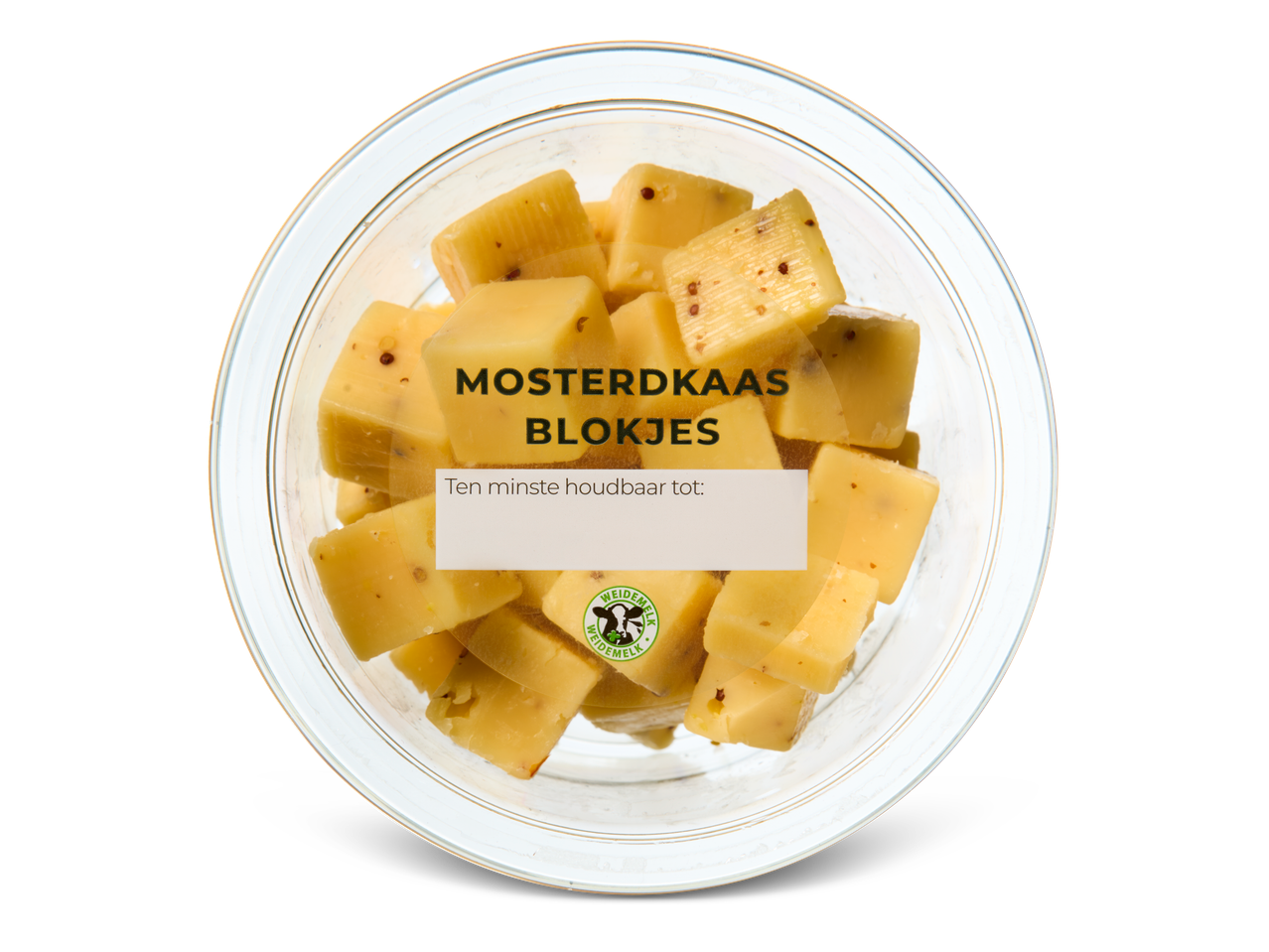 Mosterdkaasblokjes in een glazen schaal.