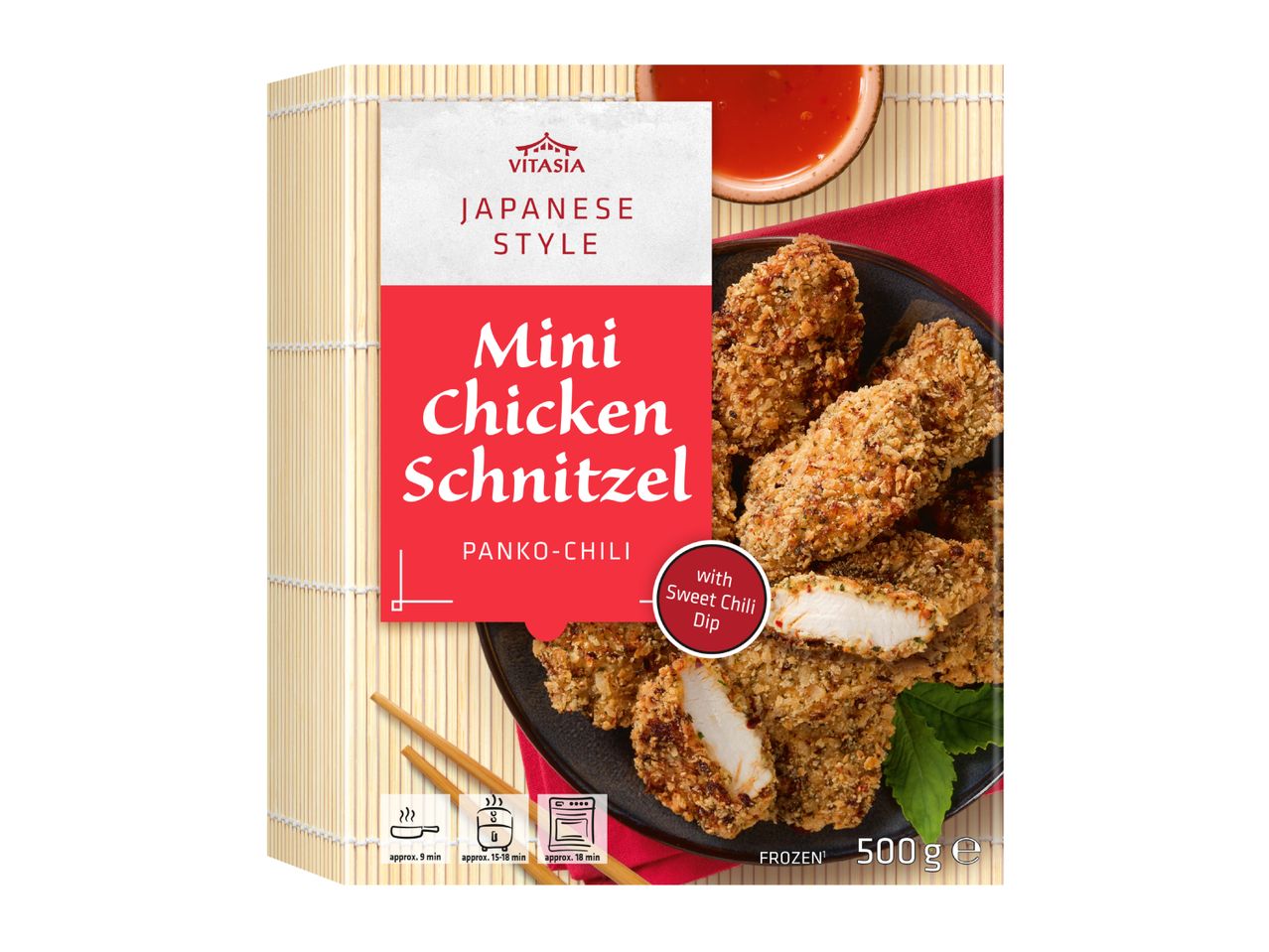 Japanese style mini chicken schnitzel with sweet chili dip, 500g, frozen.