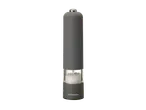 Moulière à sel électrique grise avec un réservoir transparent rempli de gros sel.