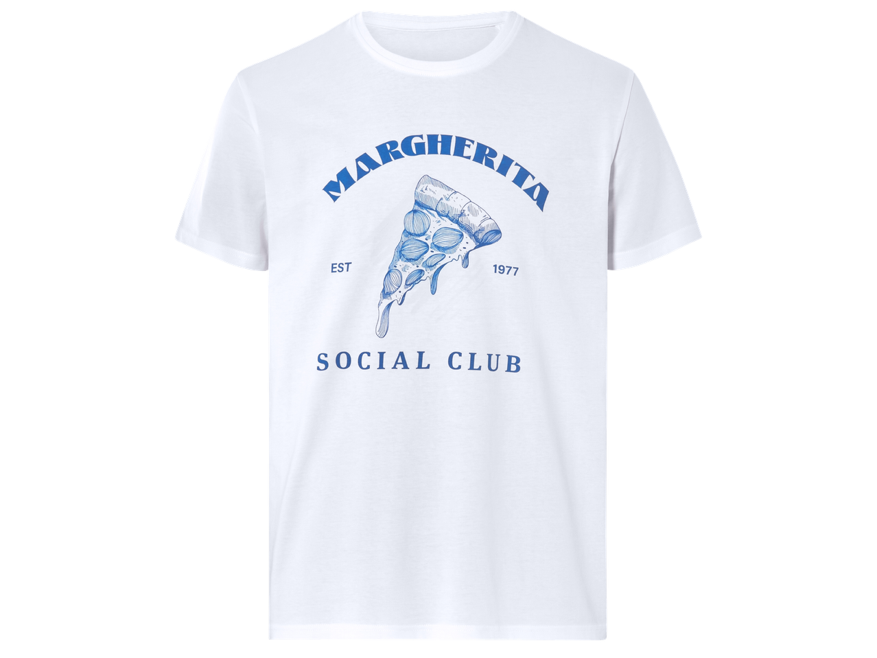 Бяла тениска с щампа на парче пица и надпис 'MARGHERITA SOCIAL CLUB EST 1977'.