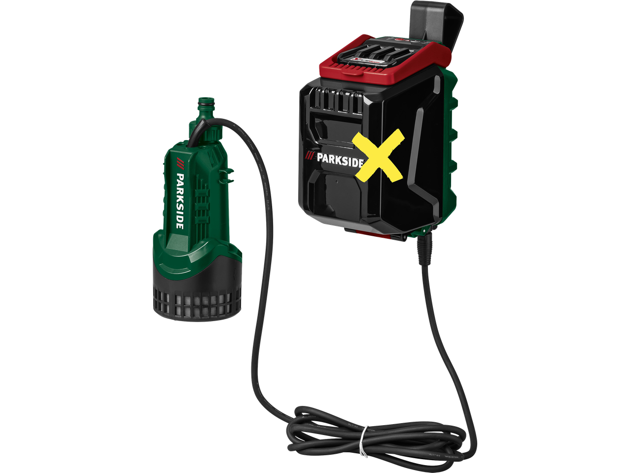 Merülő szivattyú és akkumulátoros vezérlőegység, fekete és zöld színben, „PARKSIDE” felirattal.