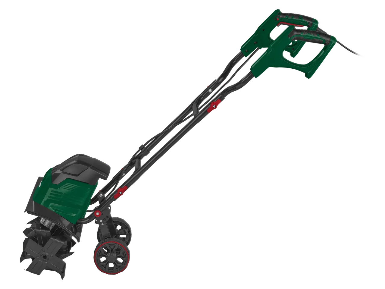 Zeleni Parkside® električni kultivator za baštu sa crnim točkovima i ručkama.