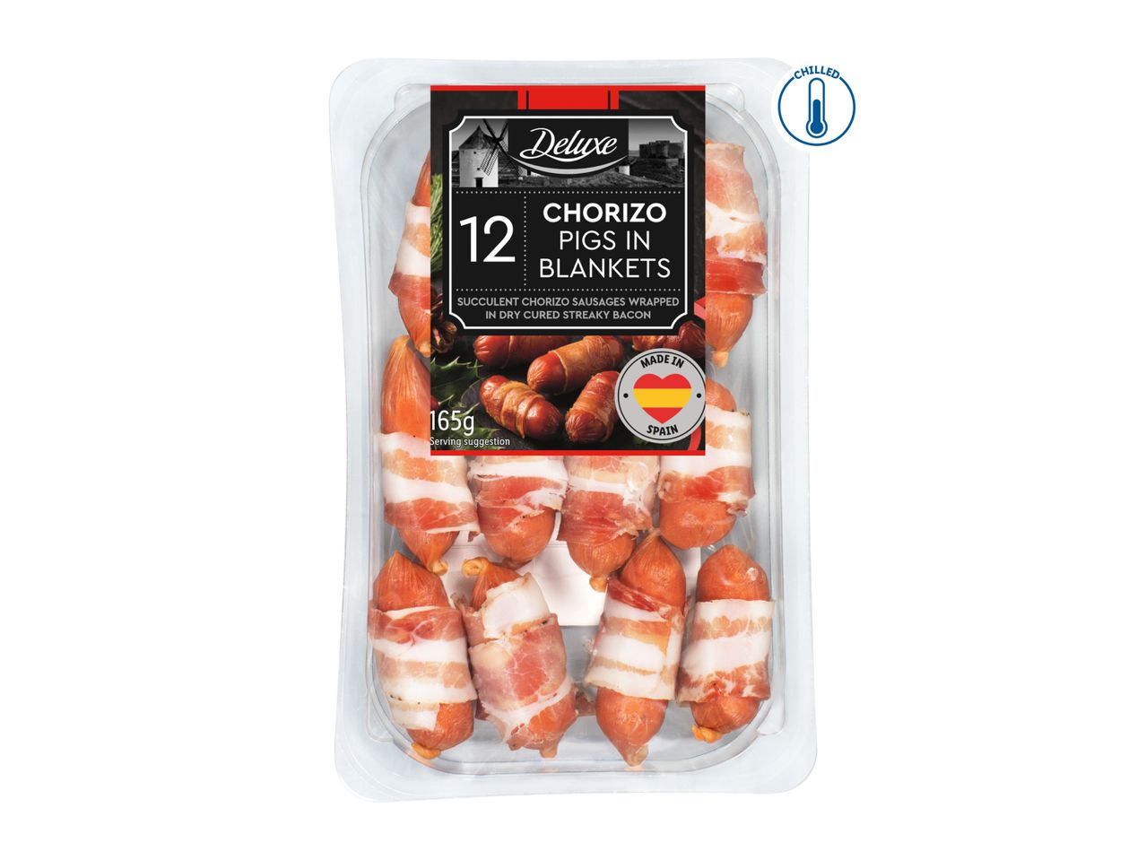 Deluxe Chorizo Pigs in Blankets, 12 succulent chorizo sausages wrapped in streaky bacon.