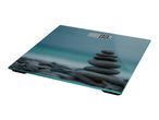 Digital bathroom scale with a serene pebble beach design and a display showing '0.0 kg'.