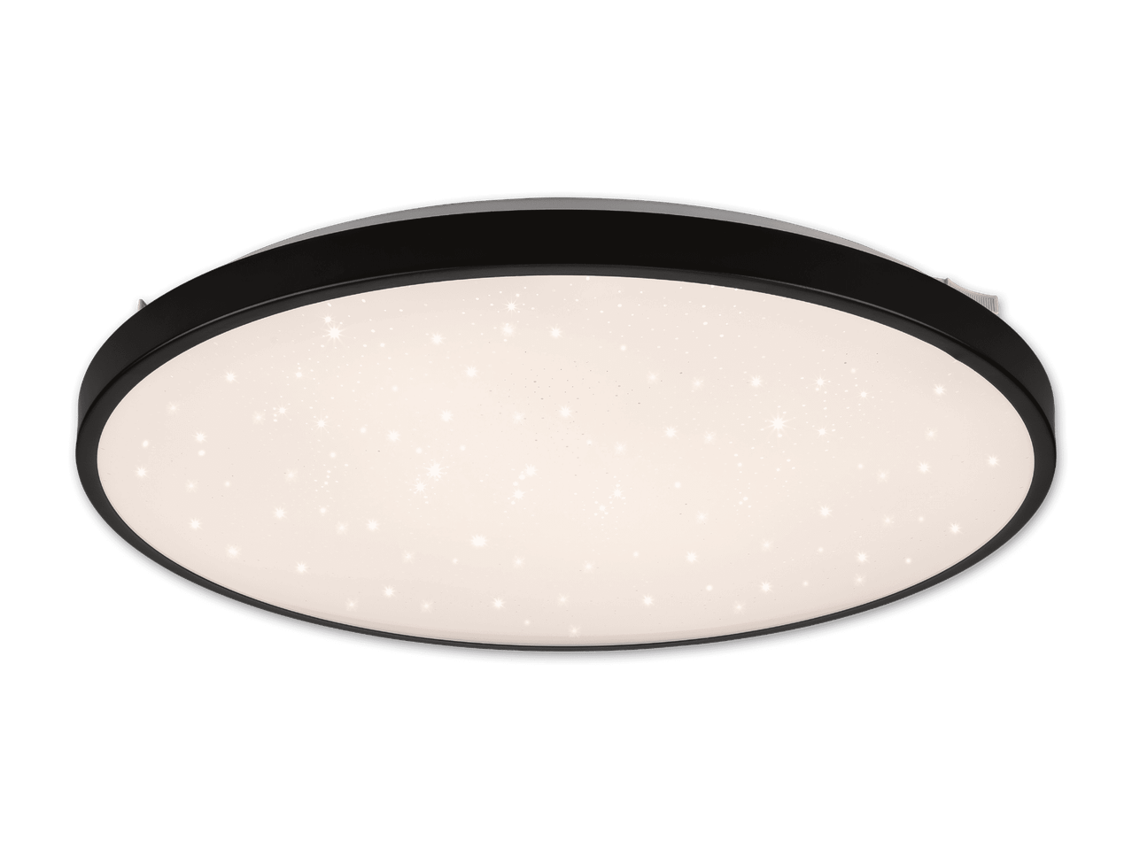 Runde schwarze Deckenleuchte mit Sternenlichteffekt auf schwarzem Hintergrund.