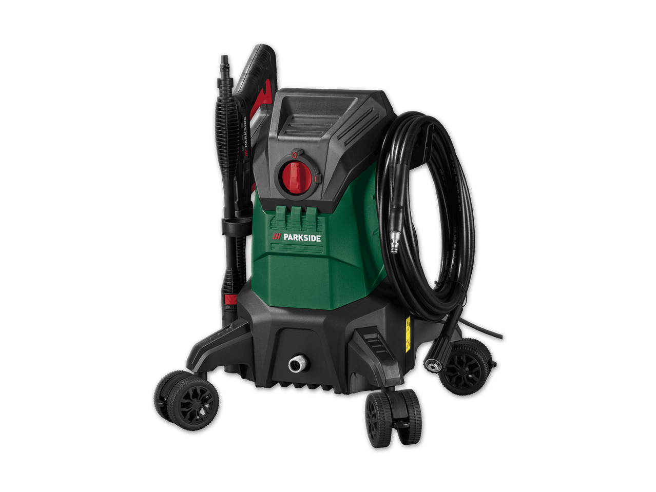 Grüner Hochdruckreiniger mit schwarzem Schlauch und Rädern, mit der Aufschrift 'WATER CLEANING HOSE 18MPa +60°C 2025.03'.