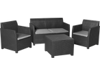 Livarno Garden Sofa Set with two armchairs, a two-seater sofa, and a square table, all in dark grey rattan with light grey cushions.