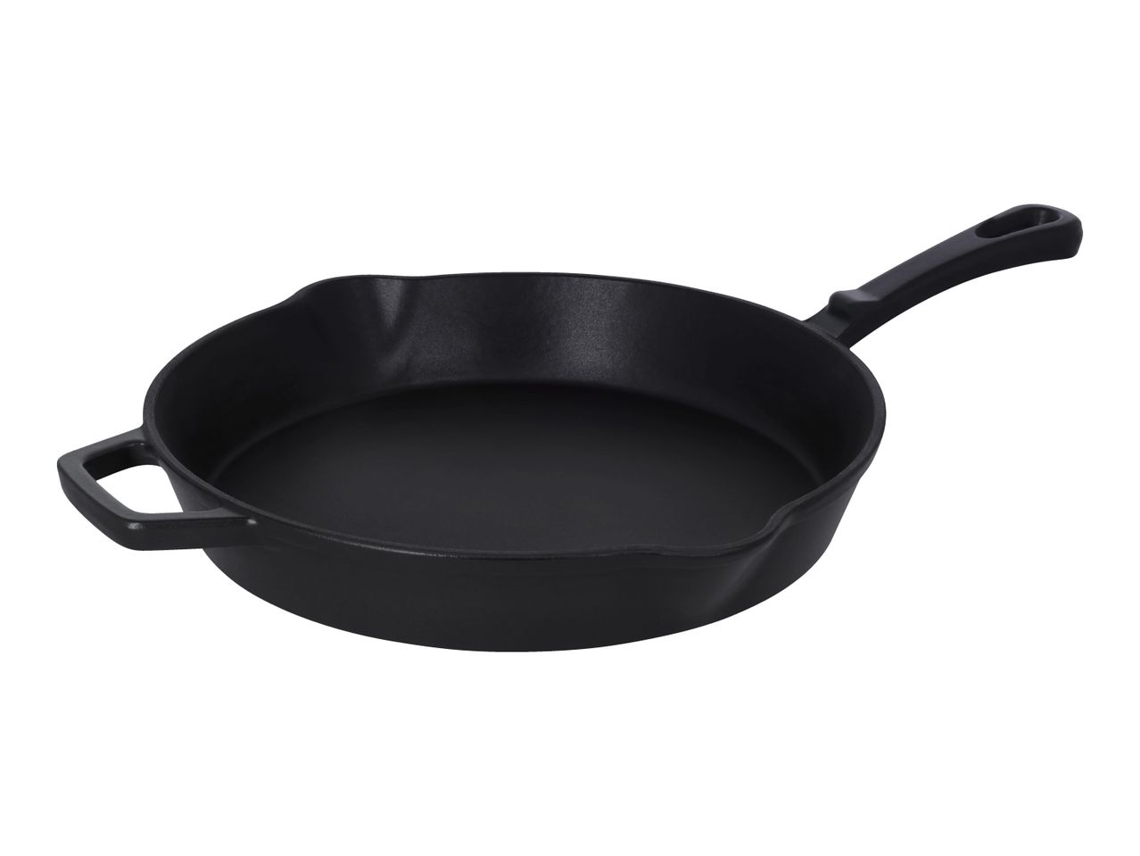 Black cast iron skillet with a long handle and an additional helper handle.