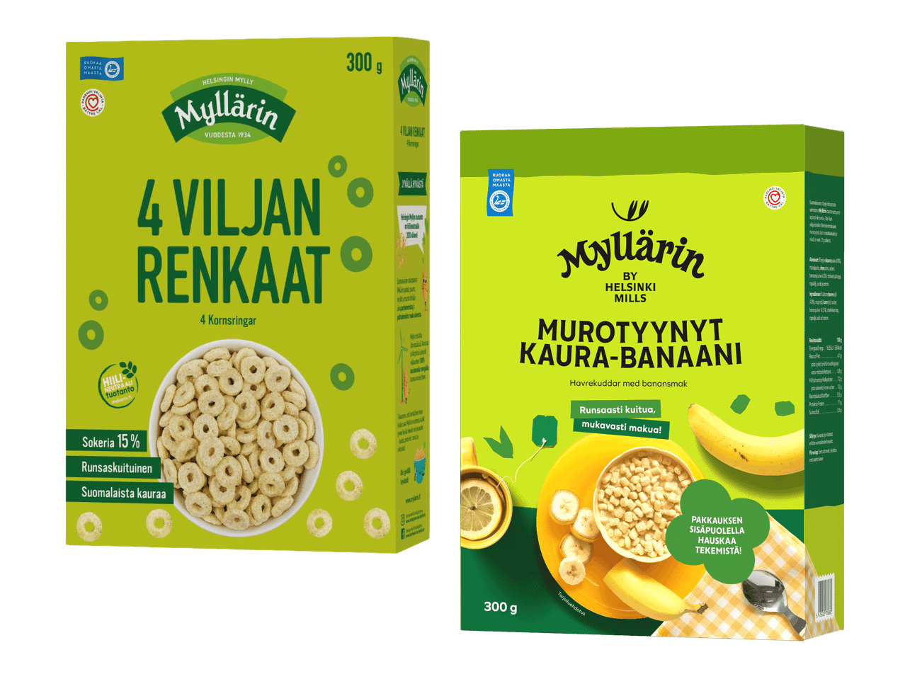 Kaksi vihreää muro- ja aamiaismuropakkausta, joissa on kauraa ja banaania.