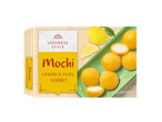Japanese-style mochi with lemon and yuzu sorbet, 6 servings, on a bamboo mat.