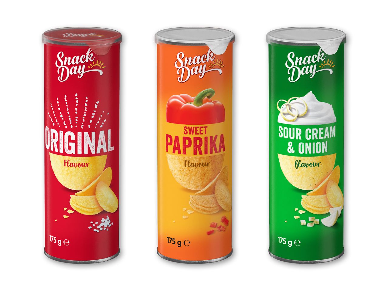Tre rør med chips i smagene original, sød paprika og creme fraiche & løg.