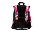 Pink floral backpack with black straps and reflective strips, back view.