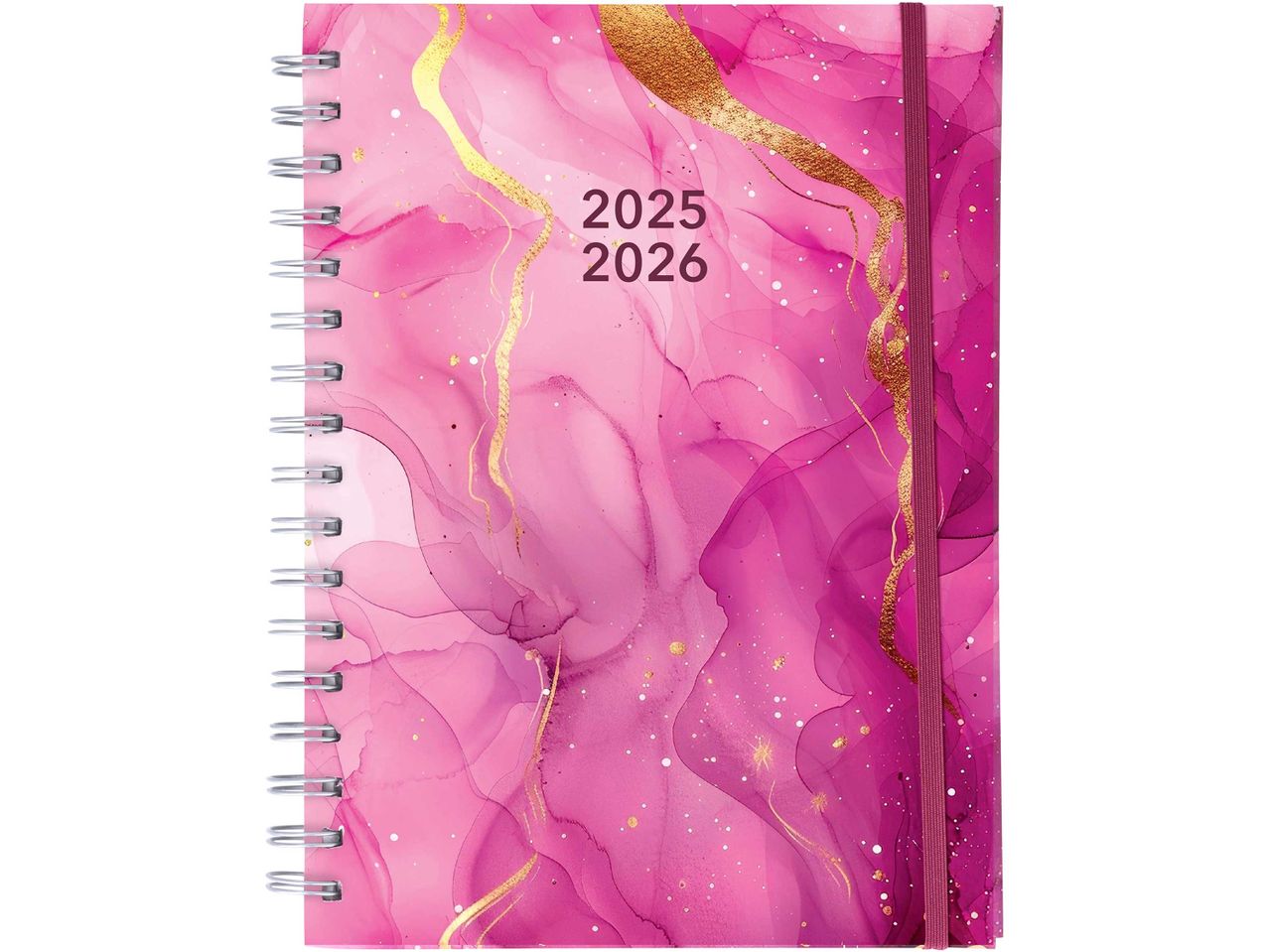 Rózsaszín, arany mintás 2025-2026-os naptár spirálkötéssel és gumiszalaggal.