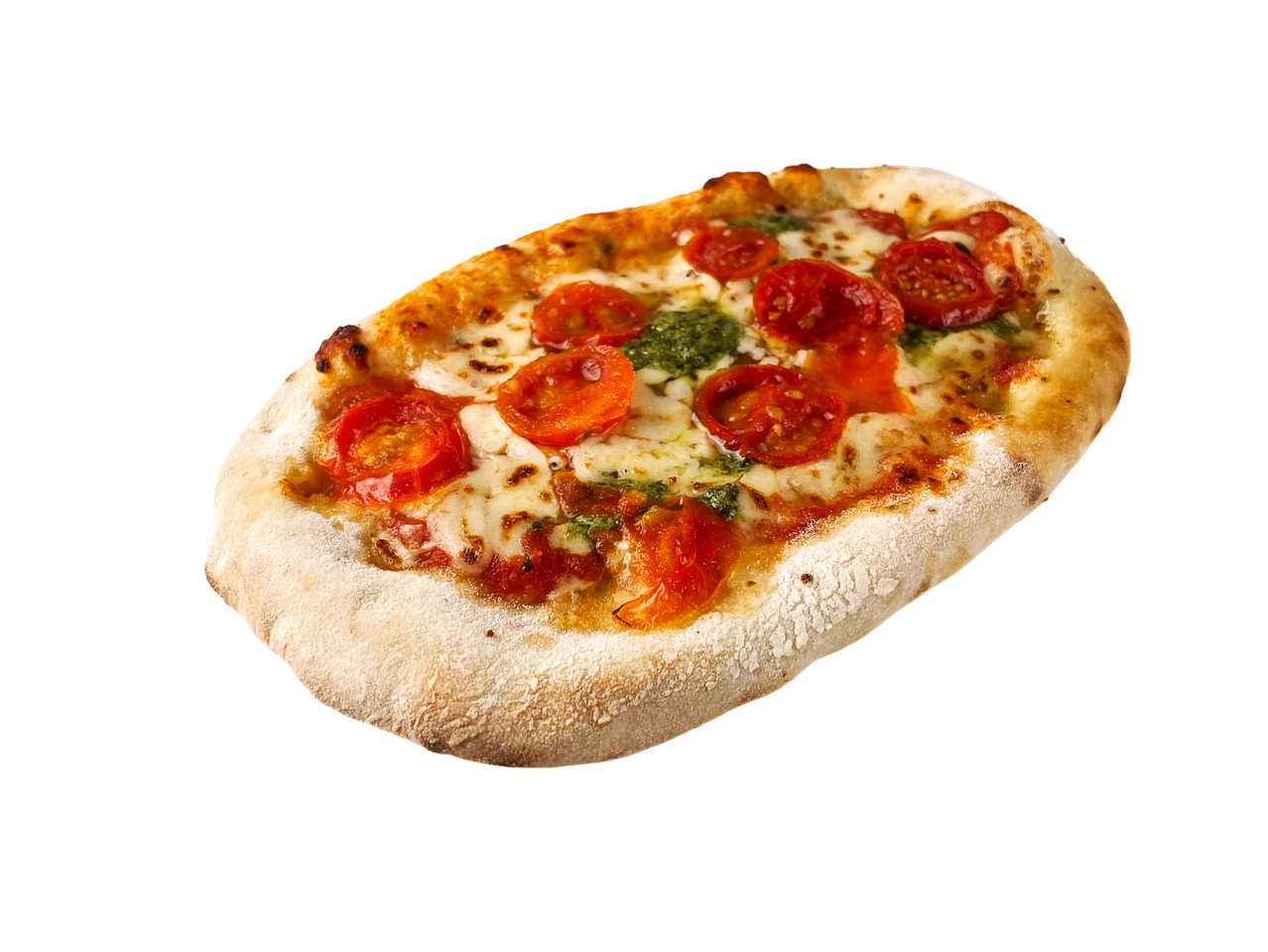 Pizza med tomater och pesto.