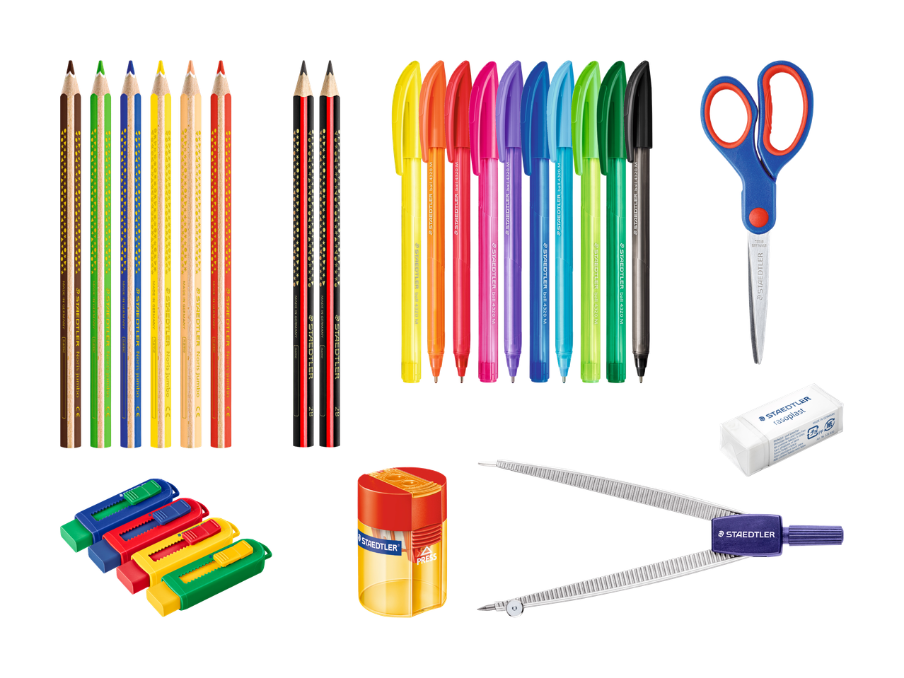Crayons de couleur, stylos, ciseaux, gomme, taille-crayon, cutters et compas sur fond noir.