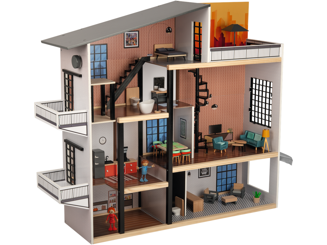 Moderniai suprojektuotas medinis lėlių namelis, apstatytas baldais ir figūrėlėmis.