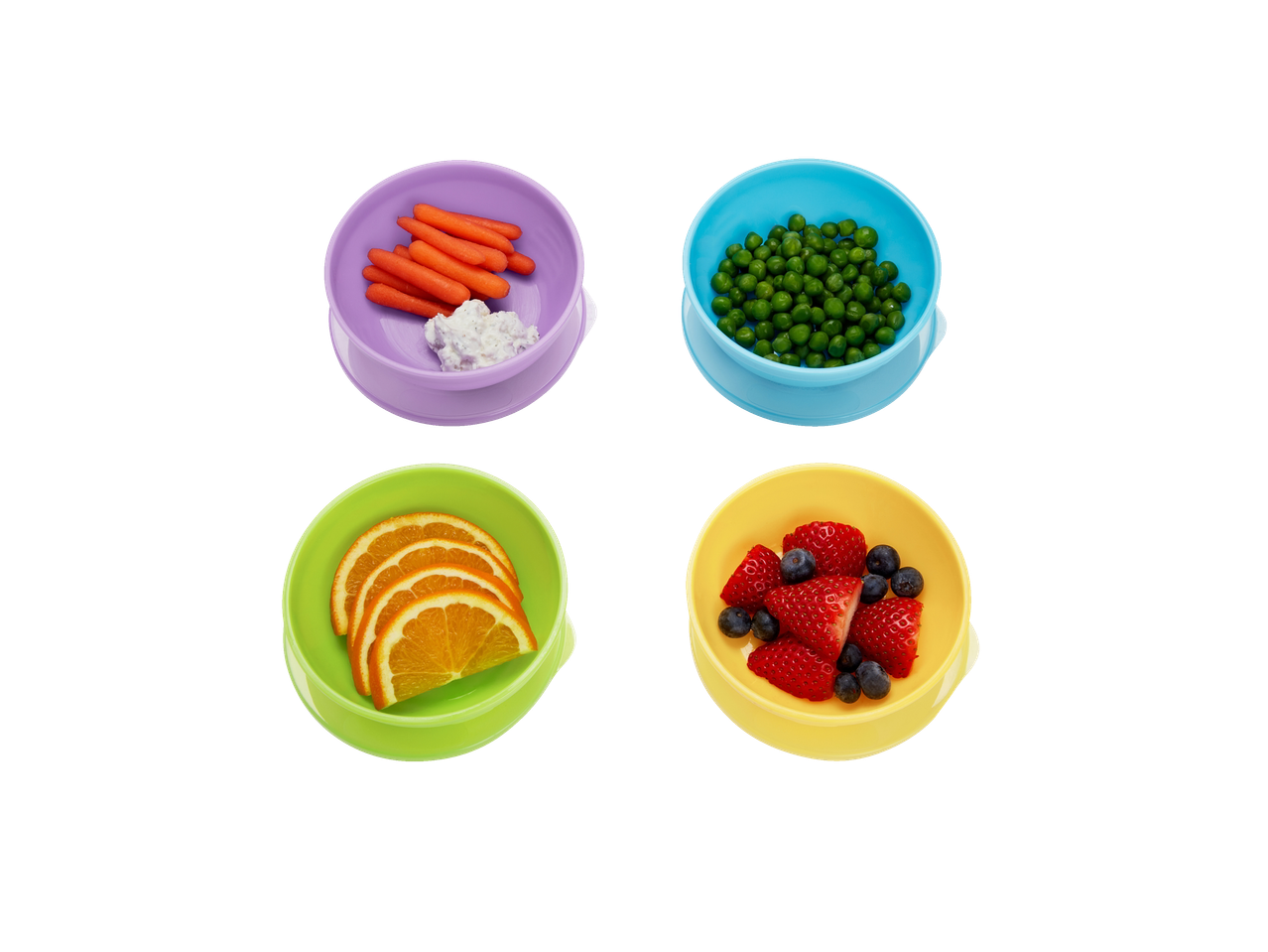 Four bowls with healthy snacks: carrots, peas, oranges, strawberries, and blueberries.
