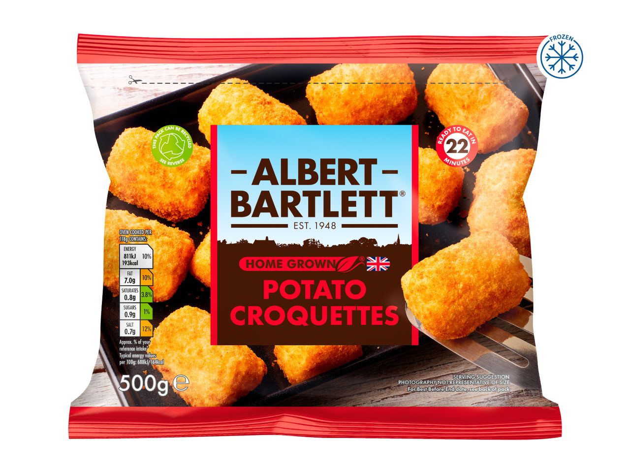 Albert Bartlett Potato Croquettes, 500g, frozen, ready to eat in 22 minutes.