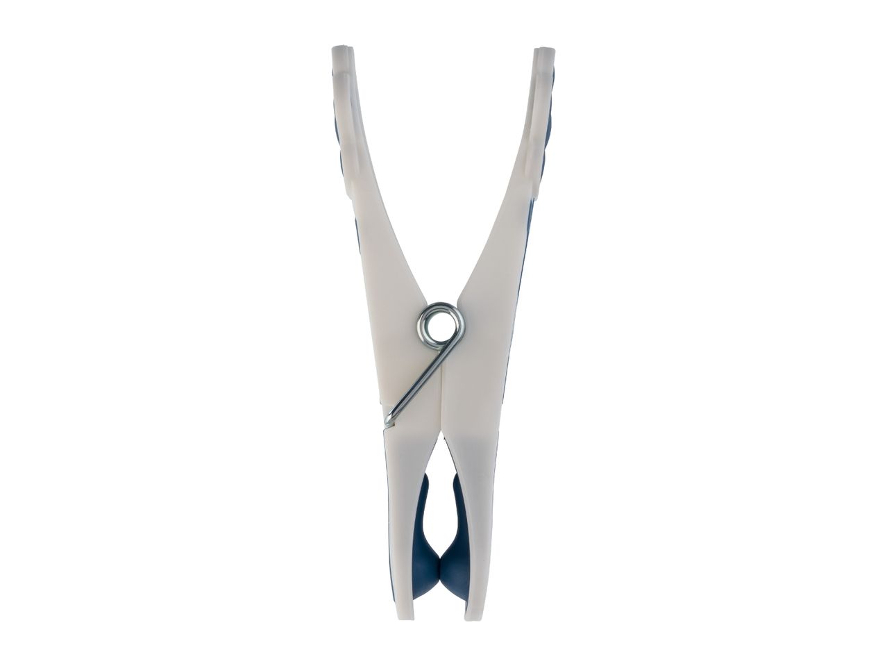 A single white and blue clothes peg, viewed from the front.