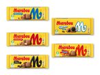 Fem chokoladebarer i gul indpakning, inklusive mælkechokolade, Oreo, hasselnød, lakrids og Daim.