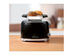 Black retro toaster with a bun warmer attachment on a wooden table.