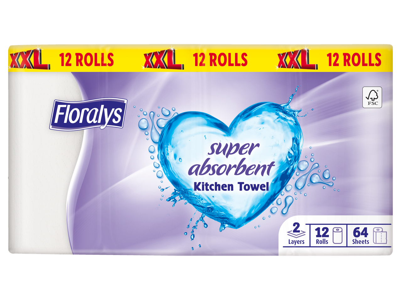Floralys superabsorberende keukenrollen: 12 XXL-rollen, 2 lagen.